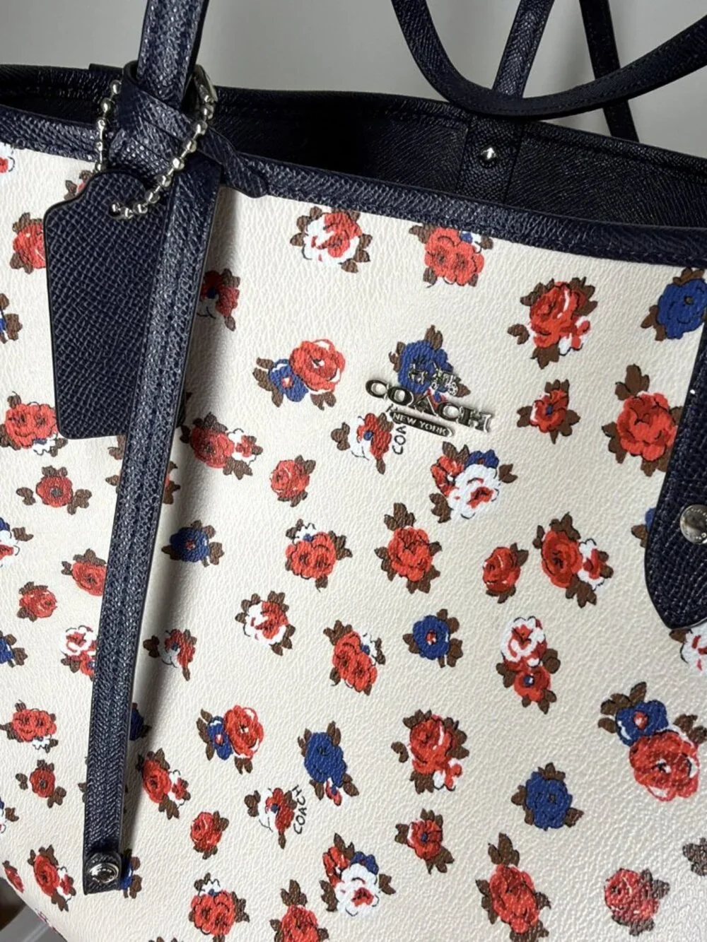 Coach Floral Reversible City Tote Navy Pebbled Leather Bag